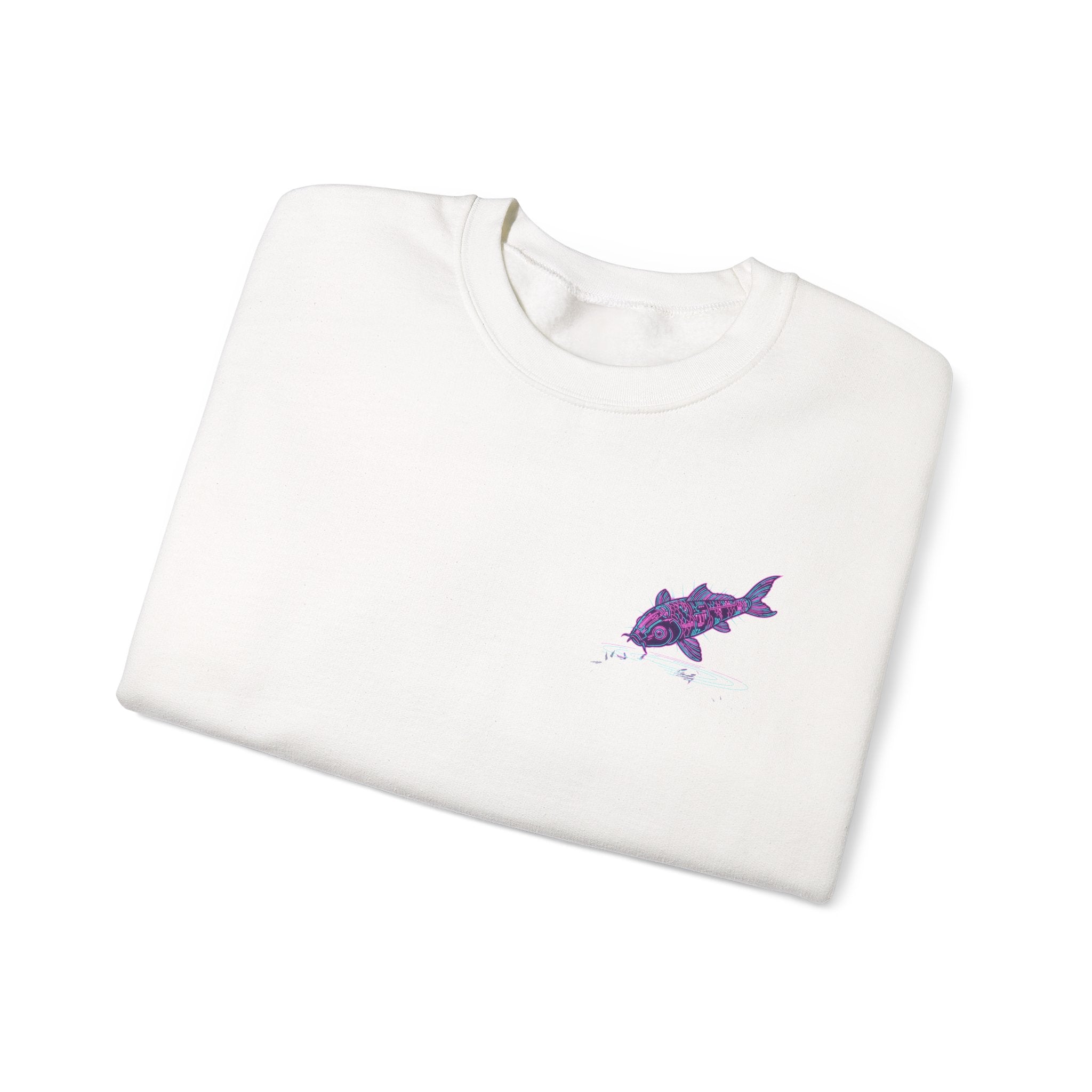 Crewneck Sweatshirt — Pastel Japanese Text Repeat & Purple Fish Graphic