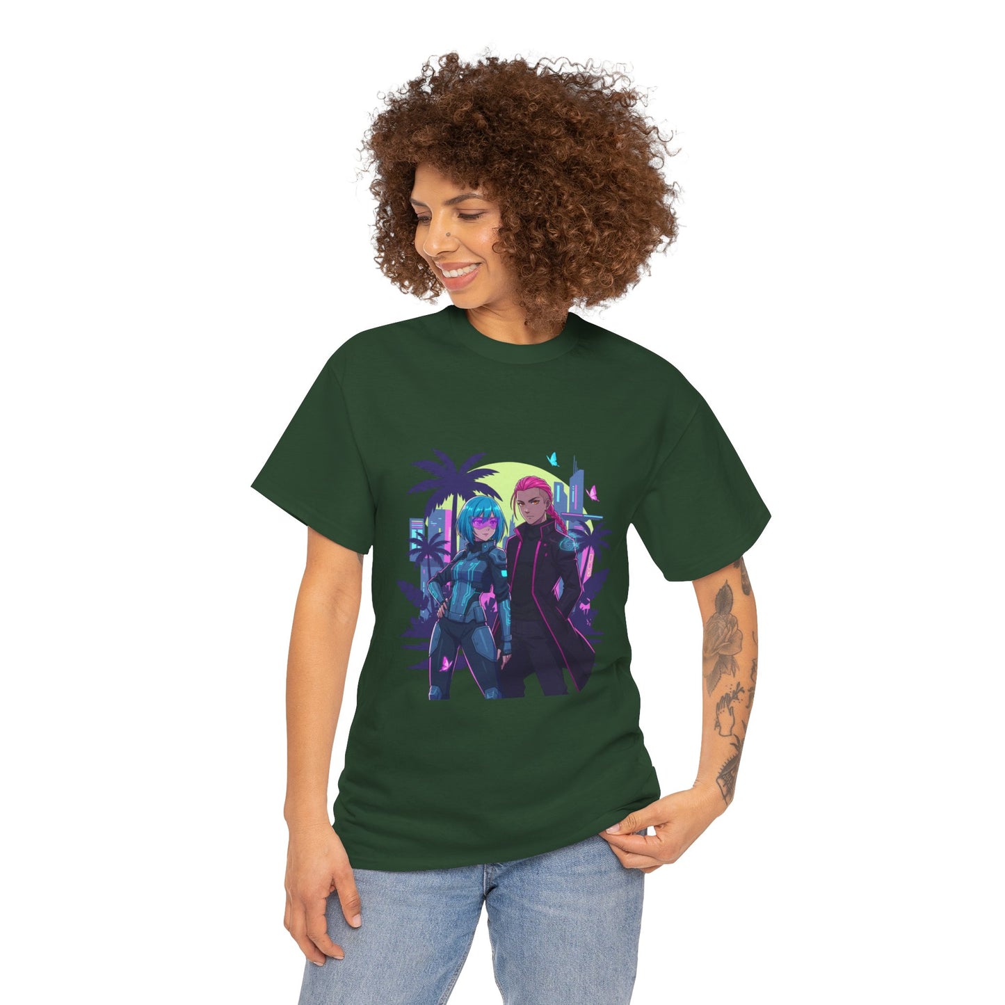 Cyberpunk Tropical Duo Tee — Neon Futuristic Beach Graphic T-Shirt