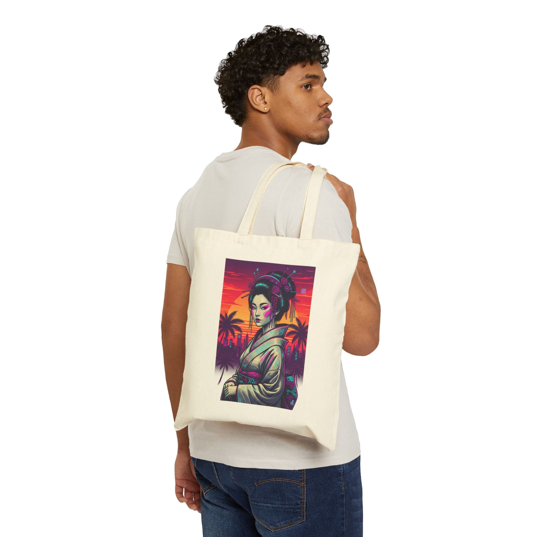 Geisha Sunset Tote Bag — Neon Palm Retro Canvas Tote