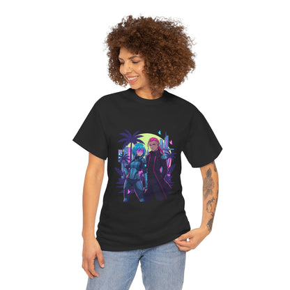 Cyberpunk Tropical Duo Tee — Neon Futuristic Beach Graphic T-Shirt