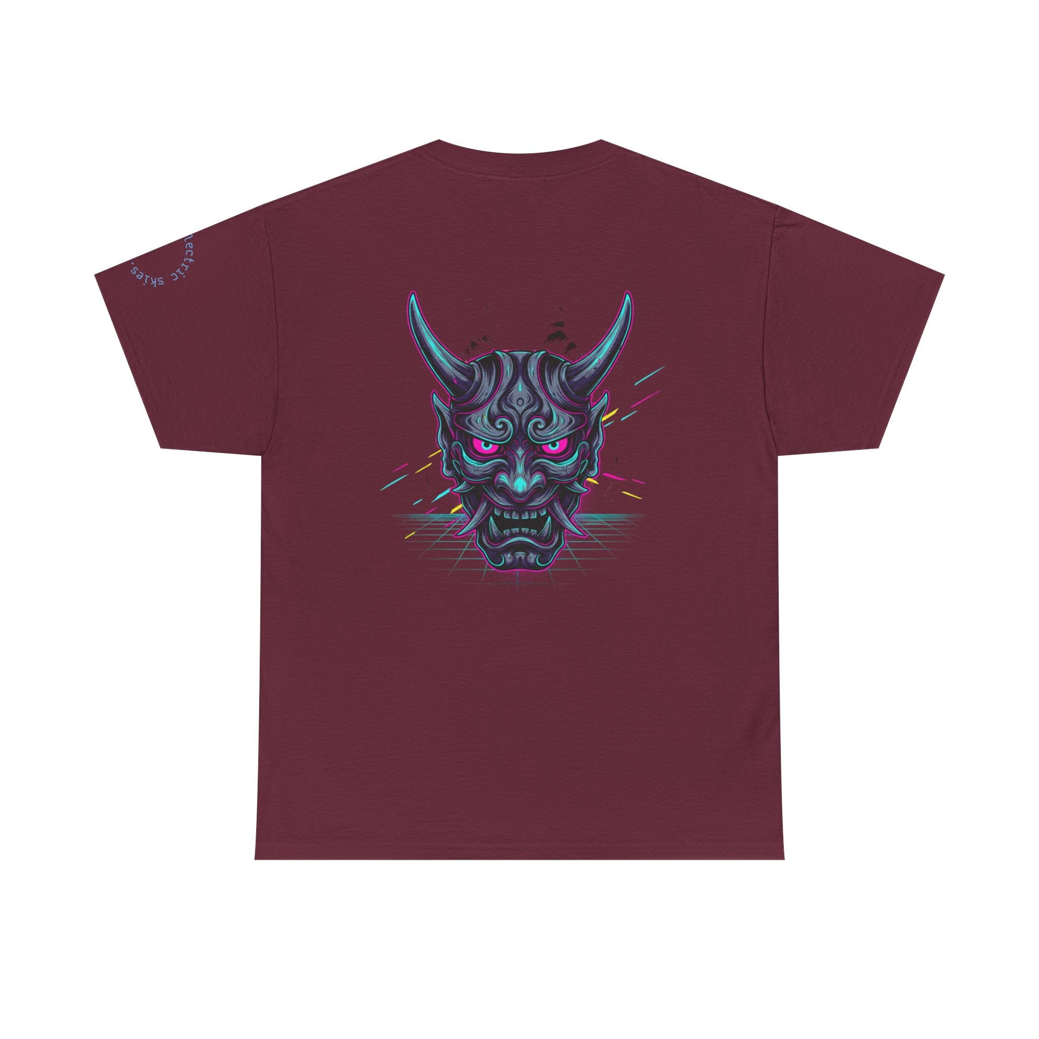 Oni Demon Graphic Tee — Neon Oni Mask Backprint with Subtle Front Text