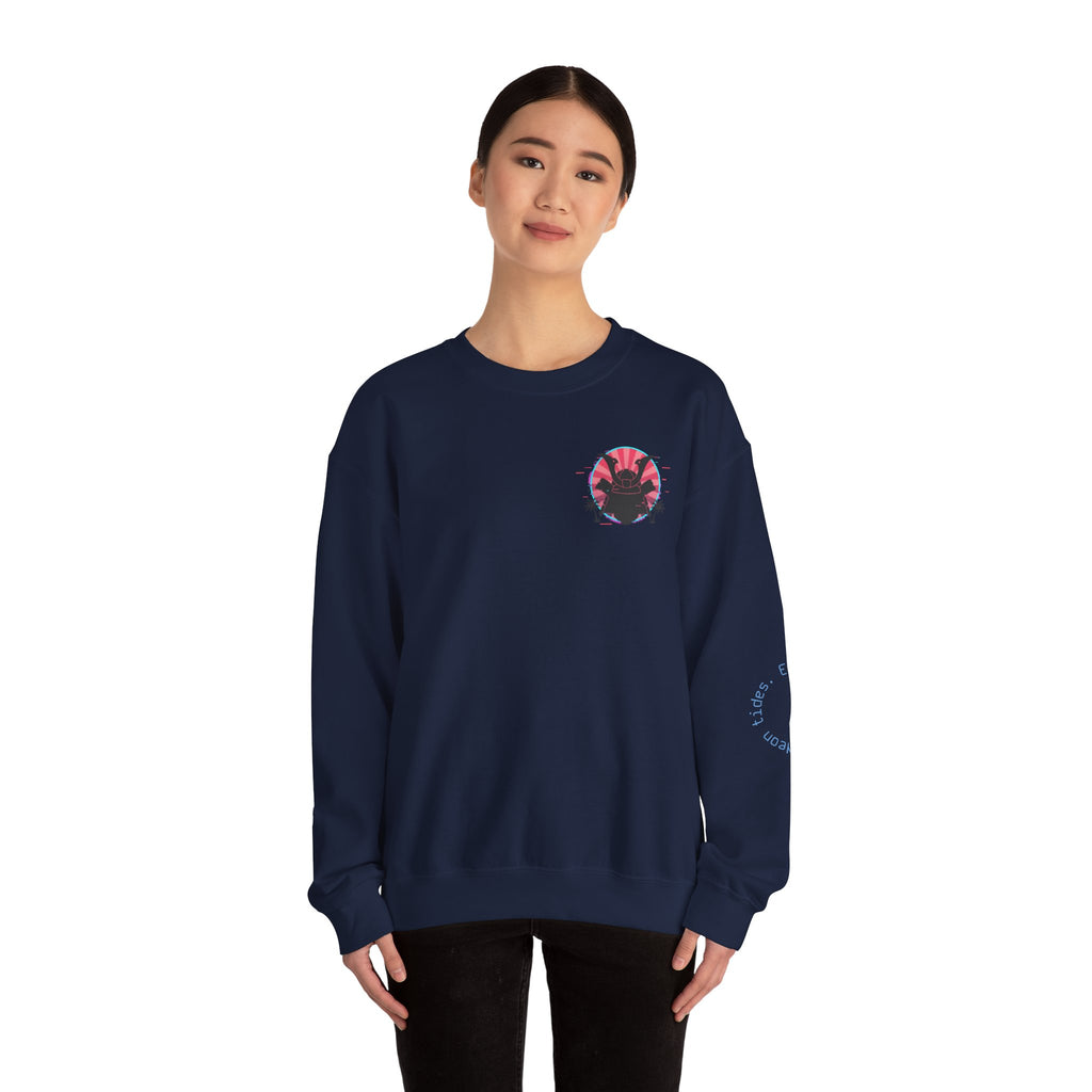Surf Samurai Crewneck Sweatshirt — Retro Neon Sunset Wave Design
