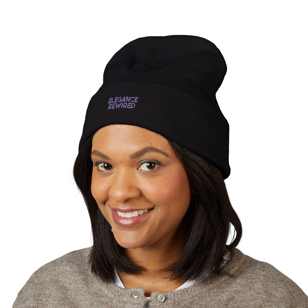 Embroidered 'Elegance Rewired' Cuffed Beanie — Minimal White Knit Winter Hat