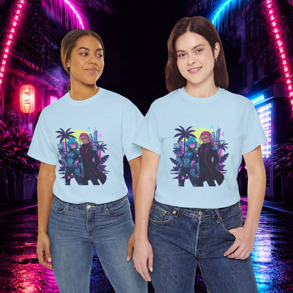 Cyberpunk Tropical Duo Tee — Neon Futuristic Beach Graphic T-Shirt