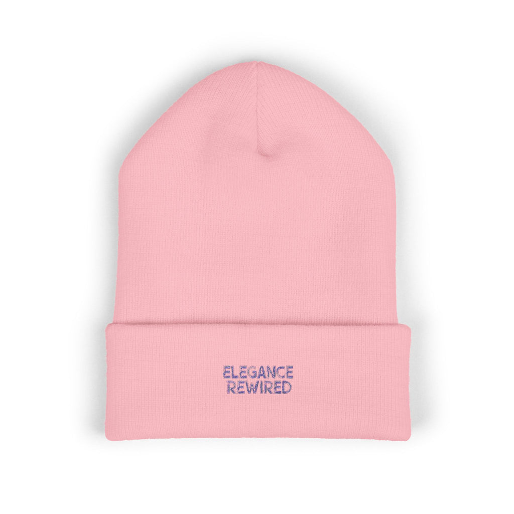 Embroidered 'Elegance Rewired' Cuffed Beanie — Minimal White Knit Winter Hat