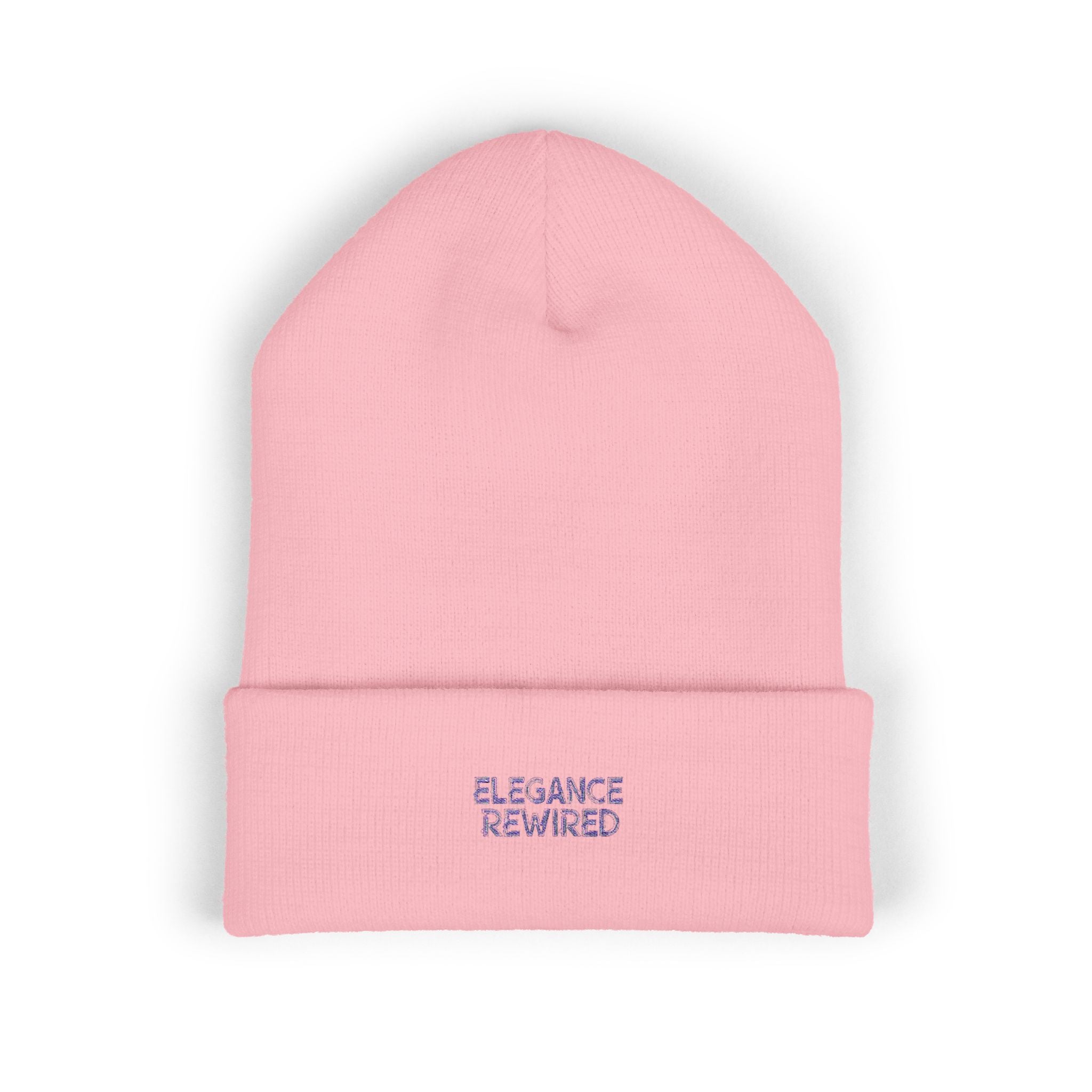 Embroidered 'Elegance Rewired' Cuffed Beanie — Minimal White Knit Winter Hat