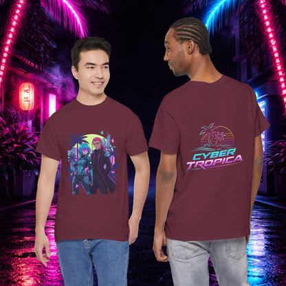 Cyberpunk Tropical Duo Tee — Neon Futuristic Beach Graphic T-Shirt