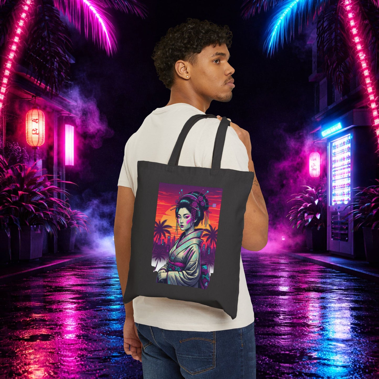 Neon Tropical Geisha Sunset Tote Bag