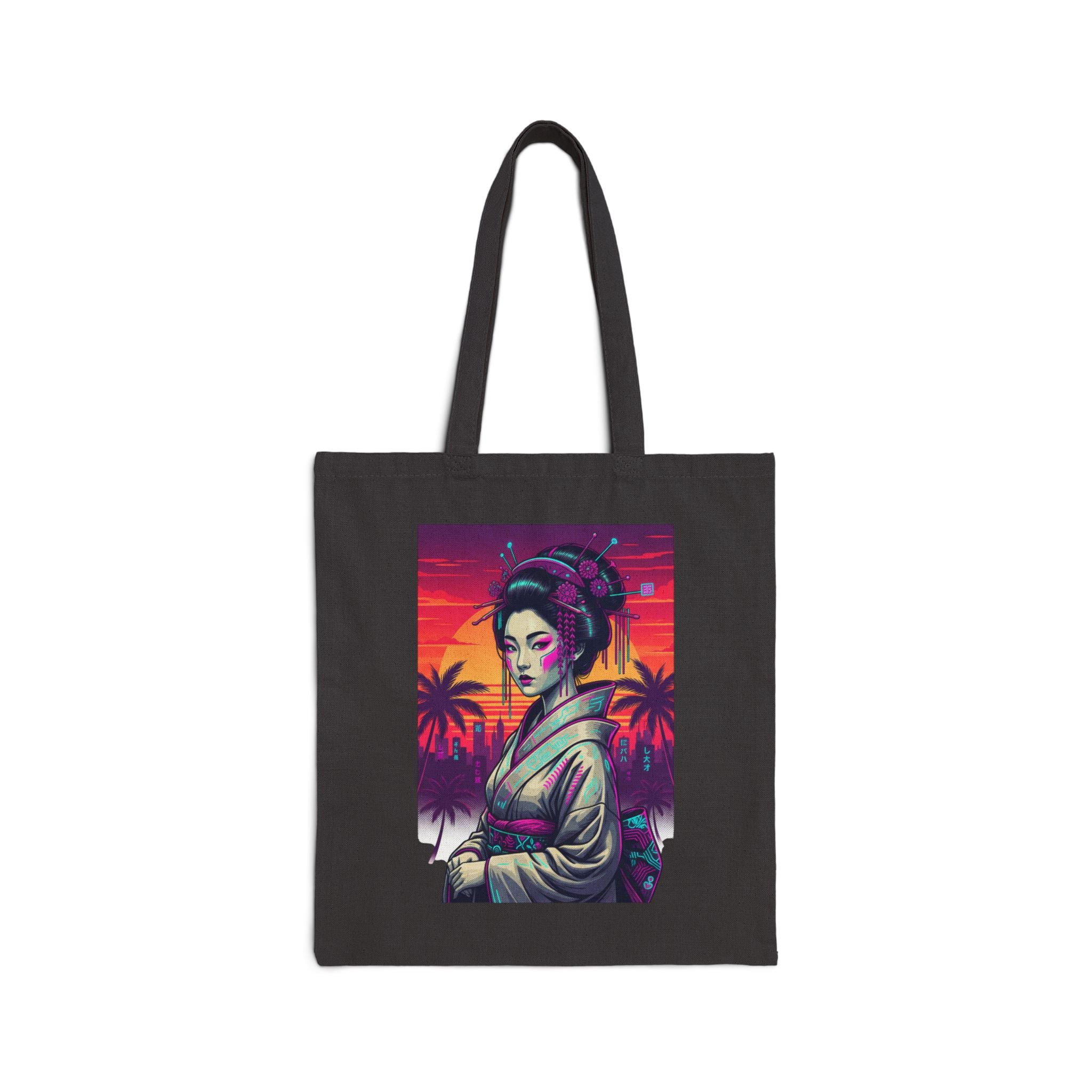 Geisha Sunset Tote Bag — Neon Palm Retro Canvas Tote