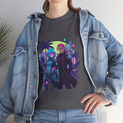 Cyberpunk Tropical Duo Tee — Neon Futuristic Beach Graphic T-Shirt