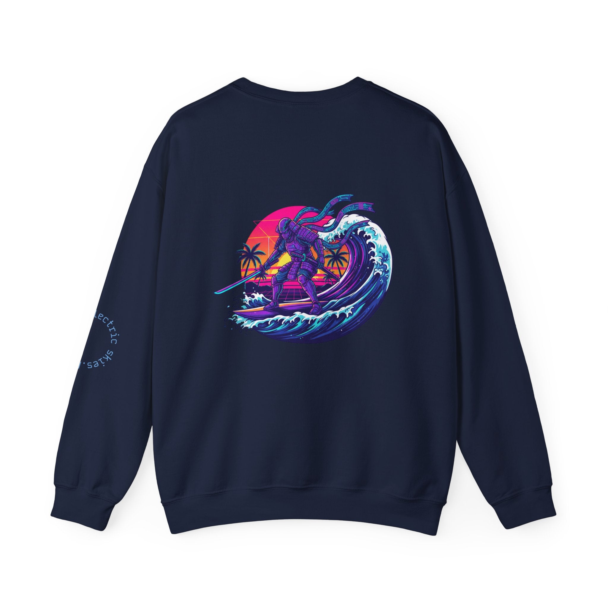 Surf Samurai Crewneck Sweatshirt — Retro Neon Sunset Wave Design