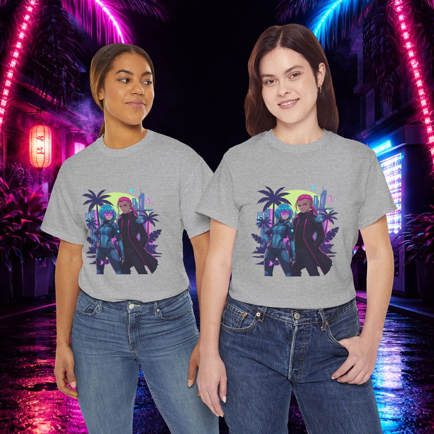 Cyberpunk Tropical Duo Tee — Neon Futuristic Beach Graphic T-Shirt
