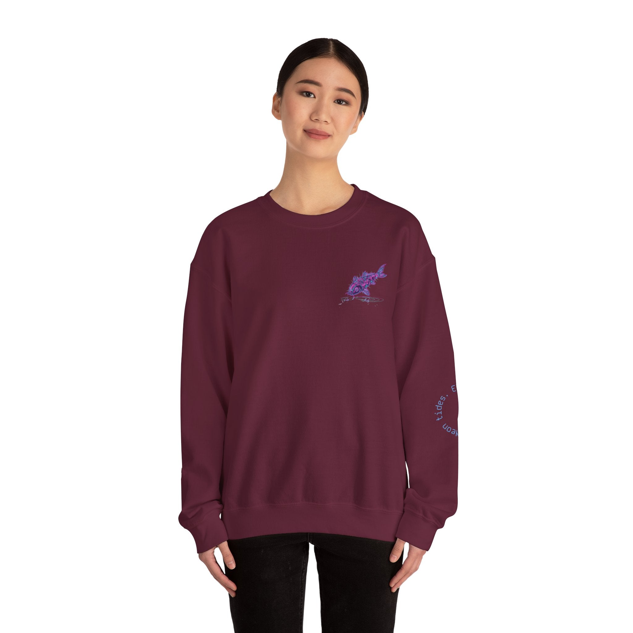 Crewneck Sweatshirt — Pastel Japanese Text Repeat & Purple Fish Graphic