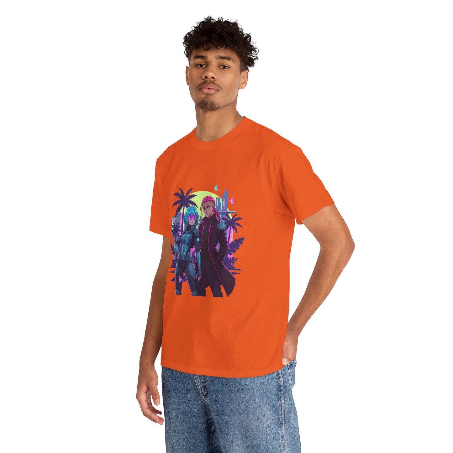 Cyberpunk Tropical Duo Tee — Neon Futuristic Beach Graphic T-Shirt