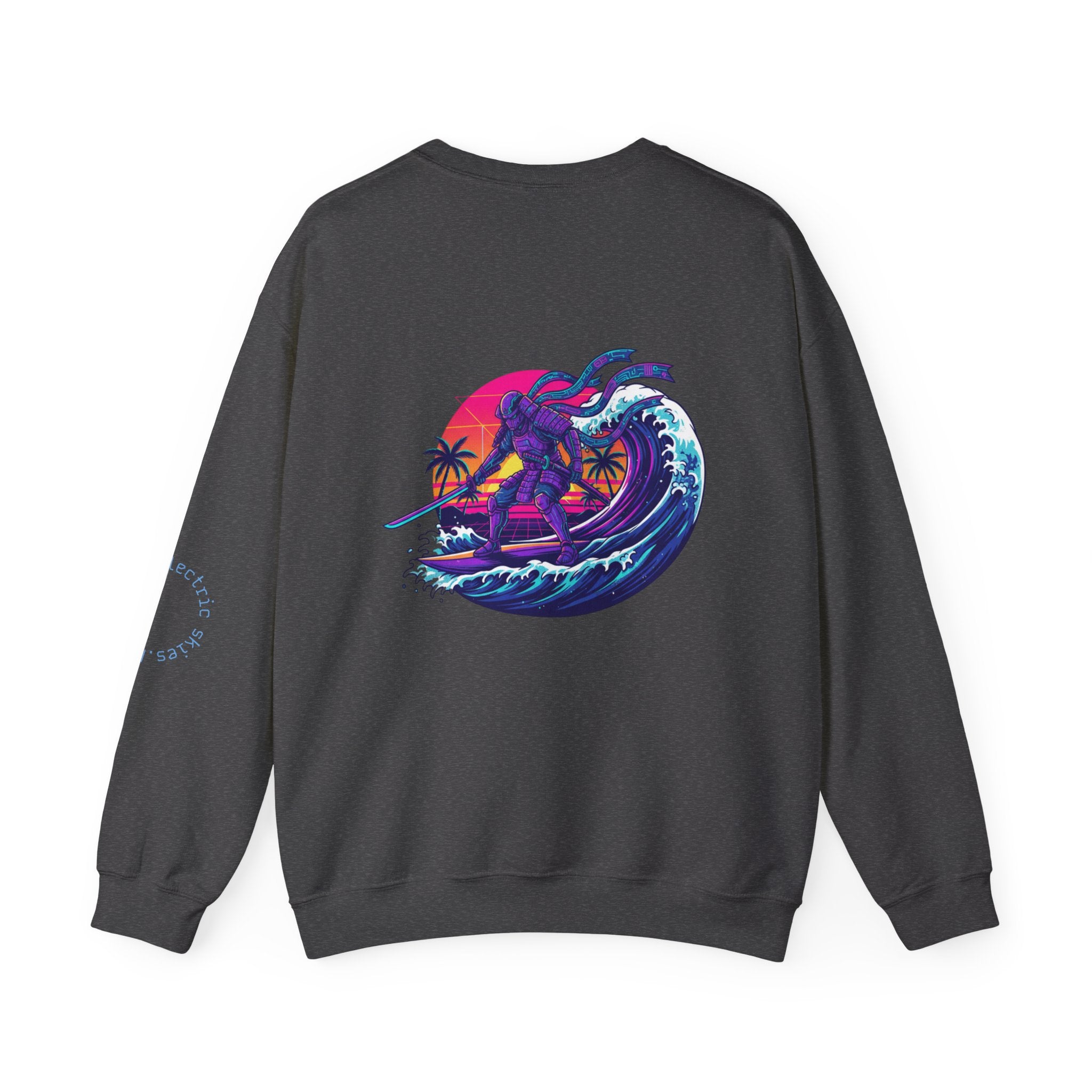 Surf Samurai Crewneck Sweatshirt — Retro Neon Sunset Wave Design
