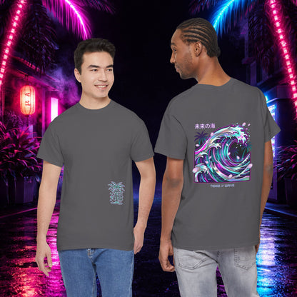 Vaporwave Japanese Surf T-Shirt — "未来の海" Retro Neon Aesthetic