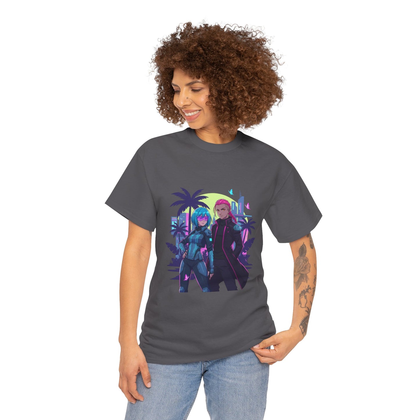 Cyberpunk Tropical Duo Tee — Neon Futuristic Beach Graphic T-Shirt
