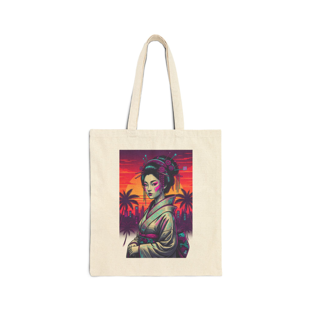 Geisha Sunset Tote Bag — Neon Palm Retro Canvas Tote