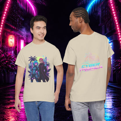 Cyberpunk Tropical Duo Tee — Neon Futuristic Beach Graphic T-Shirt