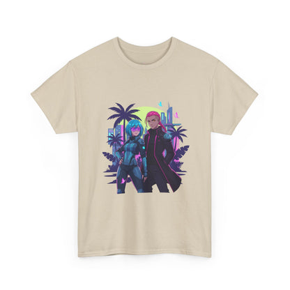 Cyberpunk Tropical Duo Tee — Neon Futuristic Beach Graphic T-Shirt