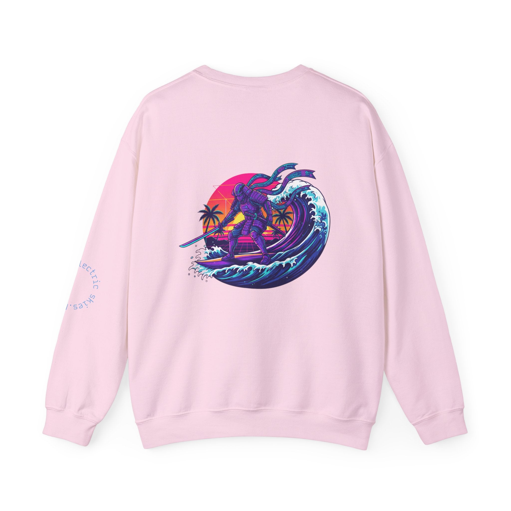 Surf Samurai Crewneck Sweatshirt — Retro Neon Sunset Wave Design