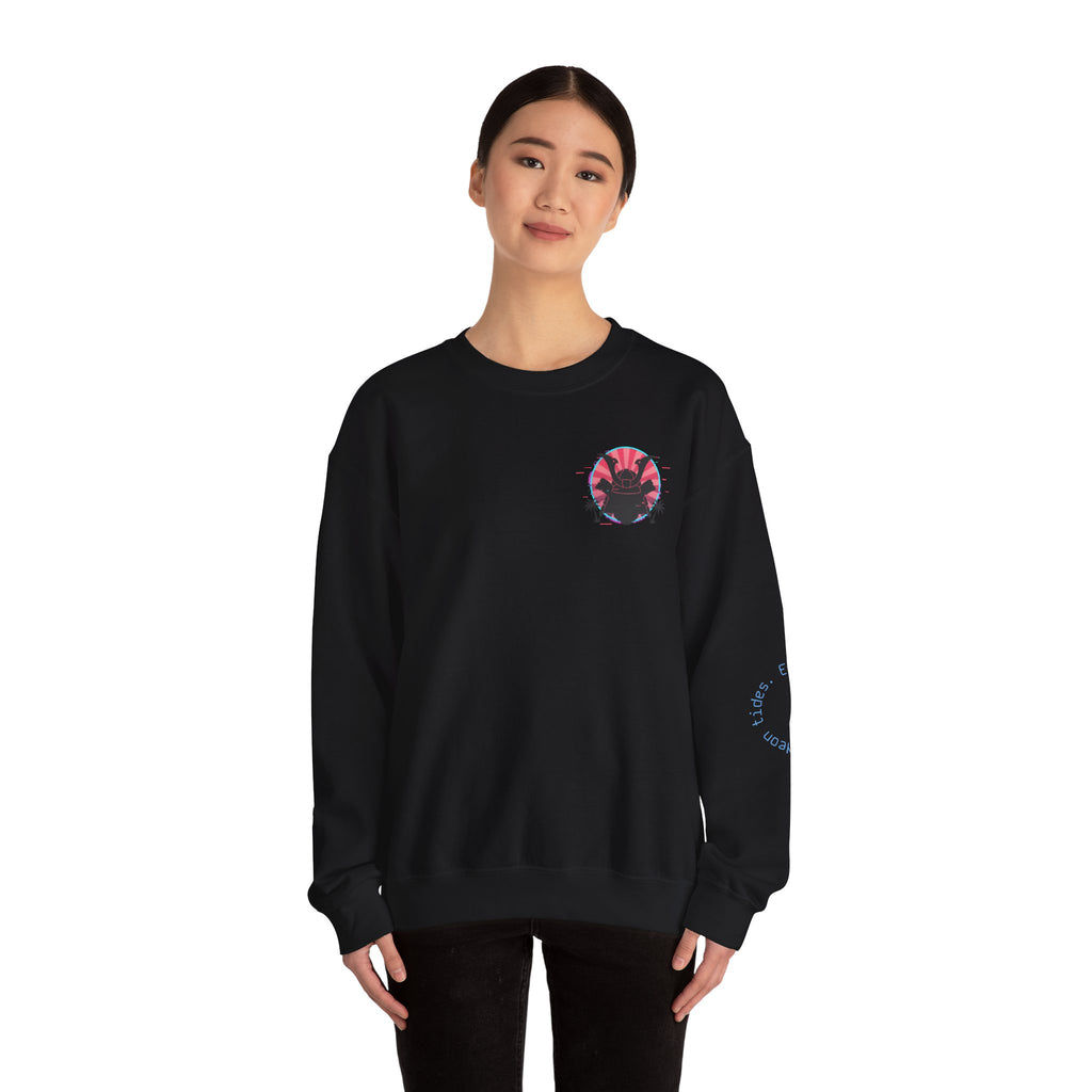 Surf Samurai Crewneck Sweatshirt — Retro Neon Sunset Wave Design