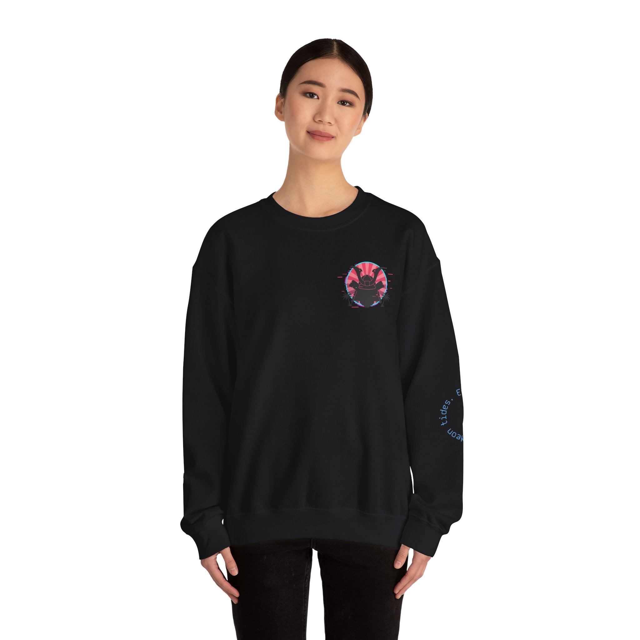 Surf Samurai Crewneck Sweatshirt — Retro Neon Sunset Wave Design