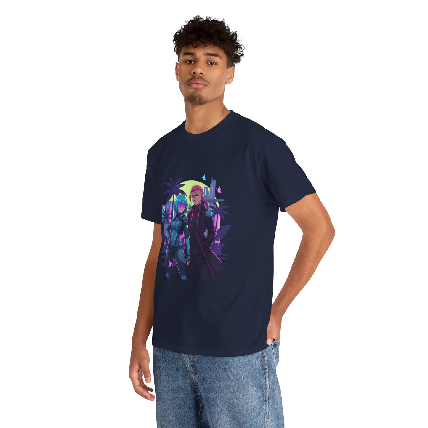 Cyberpunk Tropical Duo Tee — Neon Futuristic Beach Graphic T-Shirt