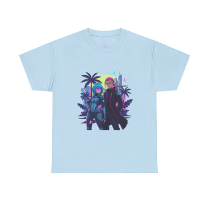 Cyberpunk Tropical Duo Tee — Neon Futuristic Beach Graphic T-Shirt