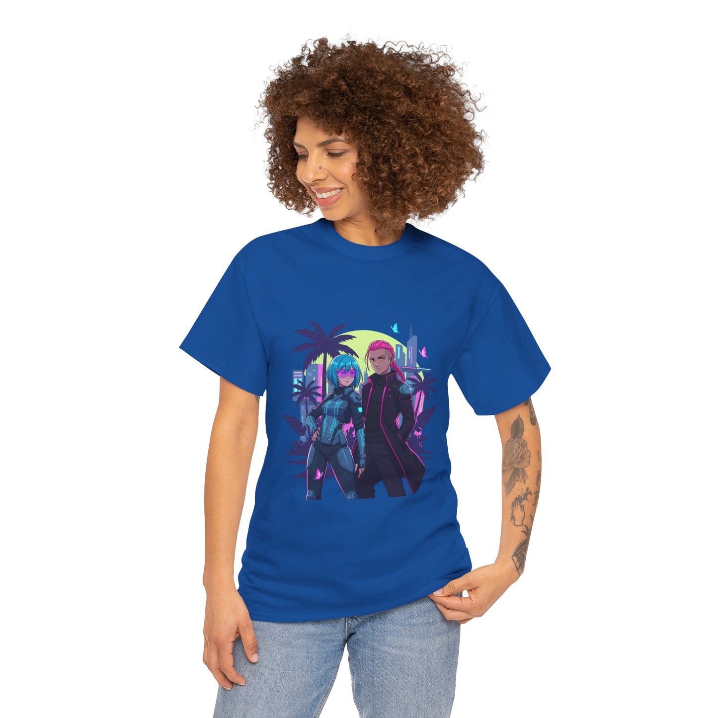 Cyberpunk Tropical Duo Tee — Neon Futuristic Beach Graphic T-Shirt