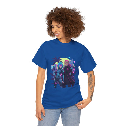 Cyberpunk Tropical Duo Tee — Neon Futuristic Beach Graphic T-Shirt
