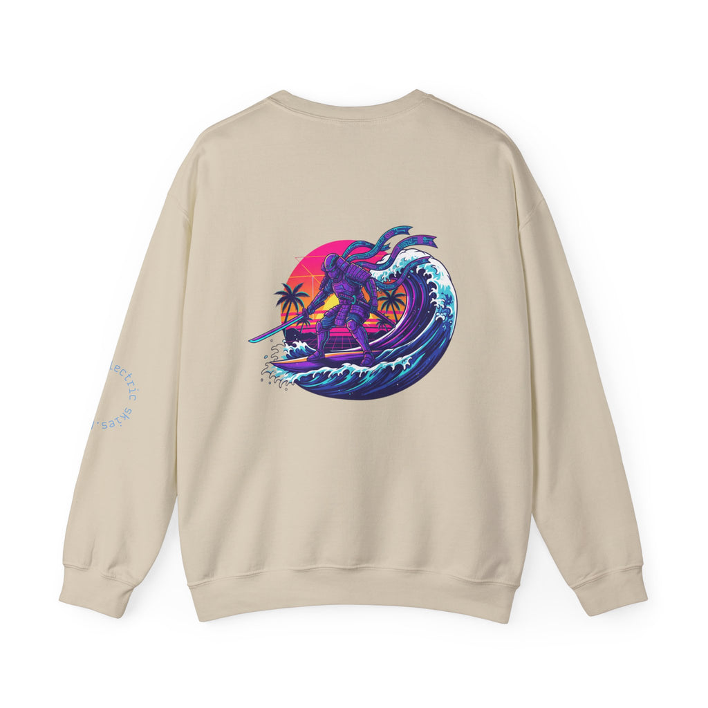 Surf Samurai Crewneck Sweatshirt — Retro Neon Sunset Wave Design