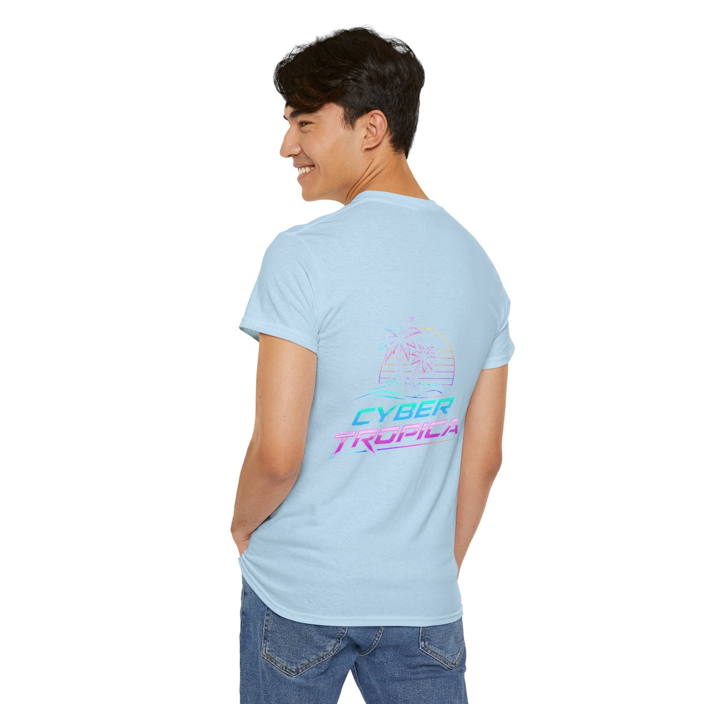 Cyberpunk Tropical Duo Tee — Neon Futuristic Beach Graphic T-Shirt