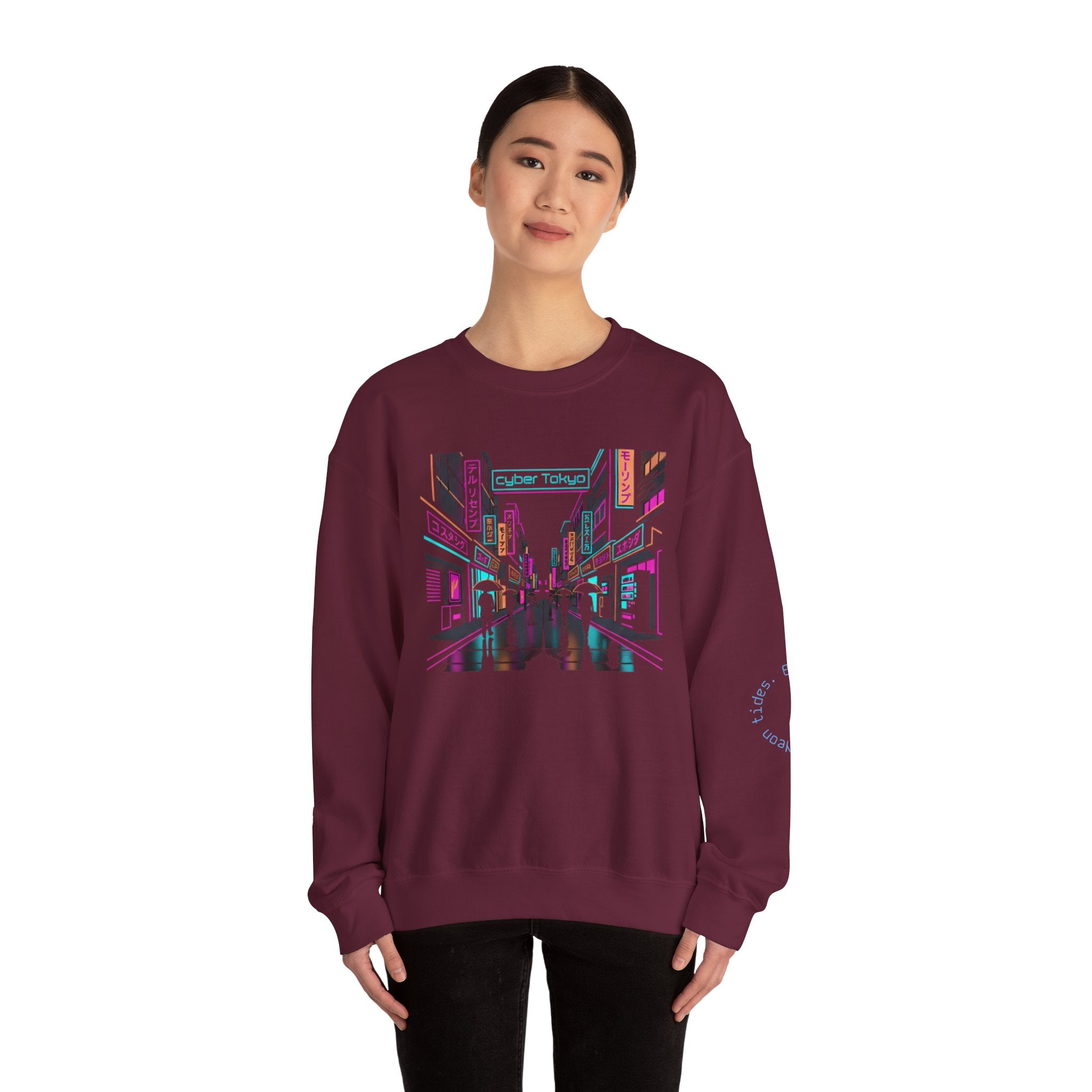 Retro Neon City Crewneck Sweatshirt — Vaporwave Street Scene Design
