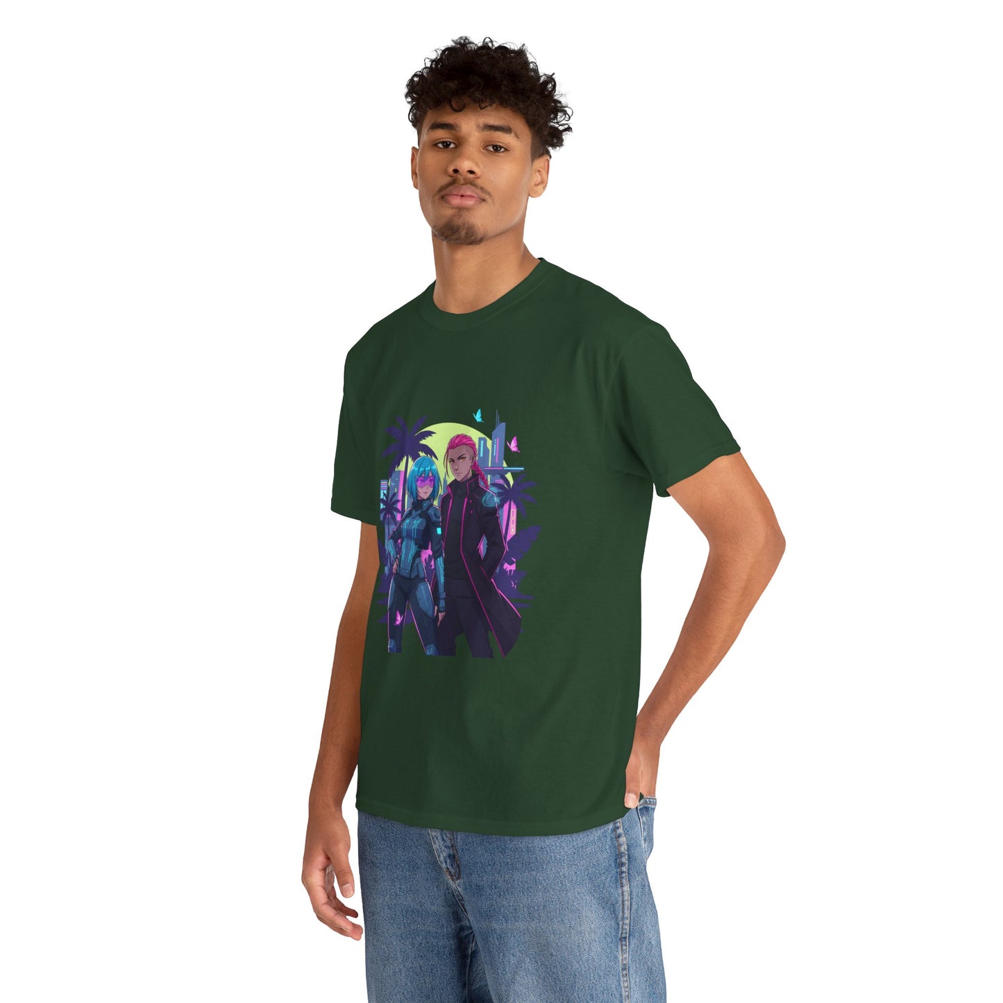 Cyberpunk Tropical Duo Tee — Neon Futuristic Beach Graphic T-Shirt