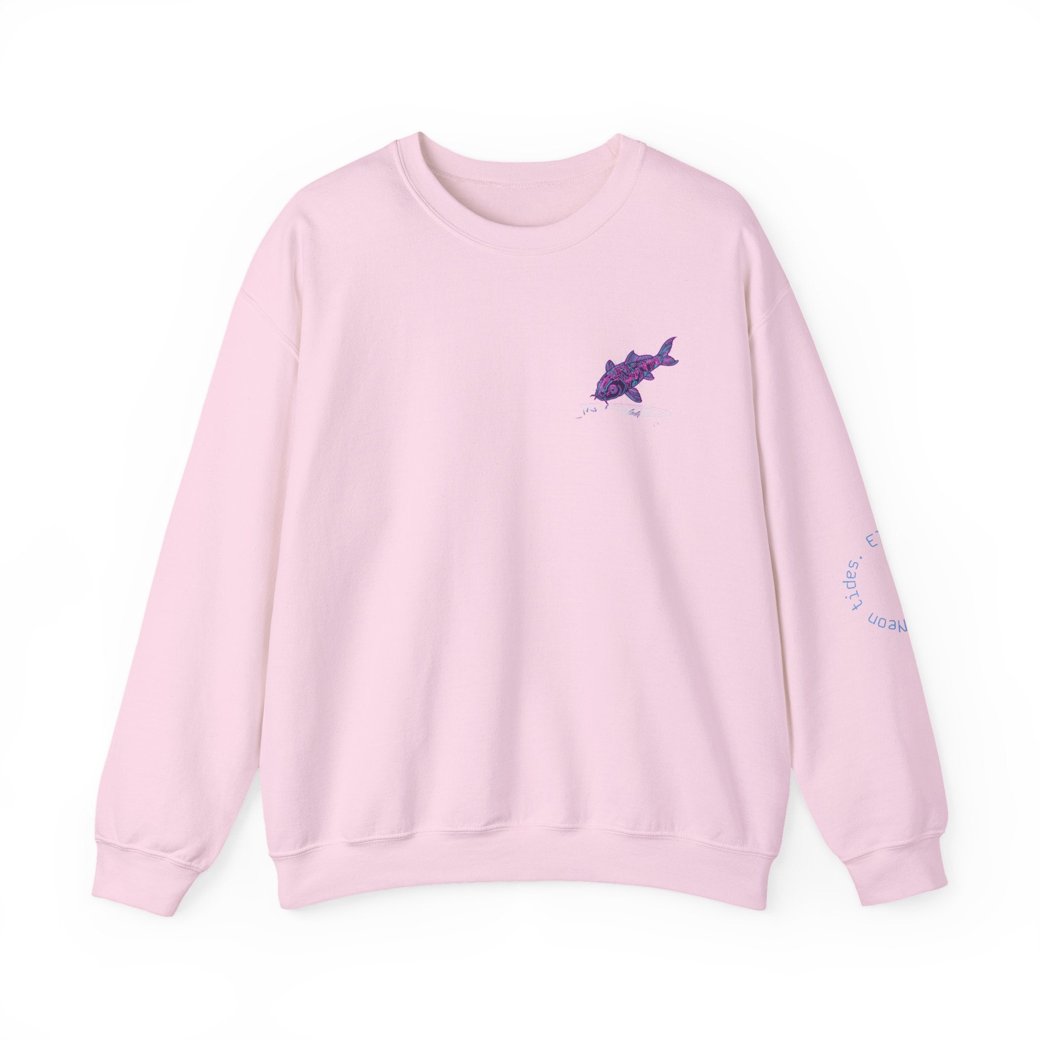 Crewneck Sweatshirt — Pastel Japanese Text Repeat & Purple Fish Graphic