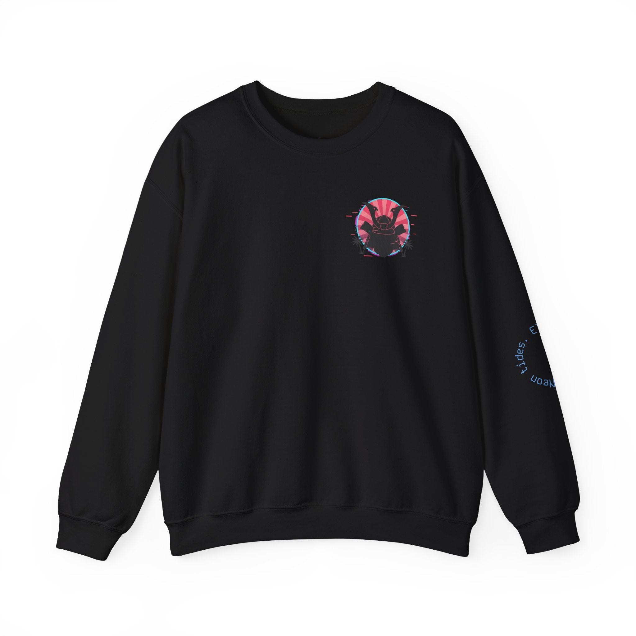 Surf Samurai Crewneck Sweatshirt — Retro Neon Sunset Wave Design