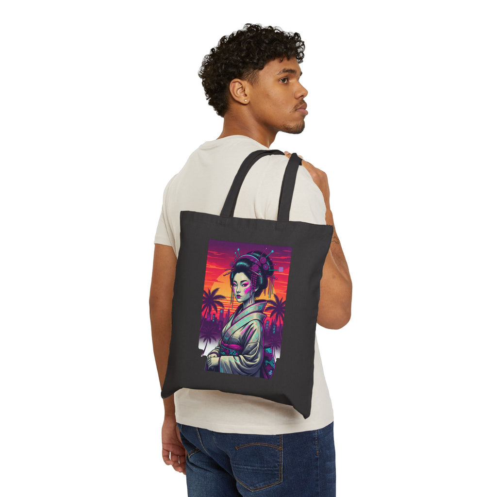 Geisha Sunset Tote Bag — Neon Palm Retro Canvas Tote