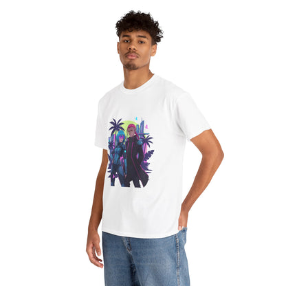 Cyberpunk Tropical Duo Tee — Neon Futuristic Beach Graphic T-Shirt