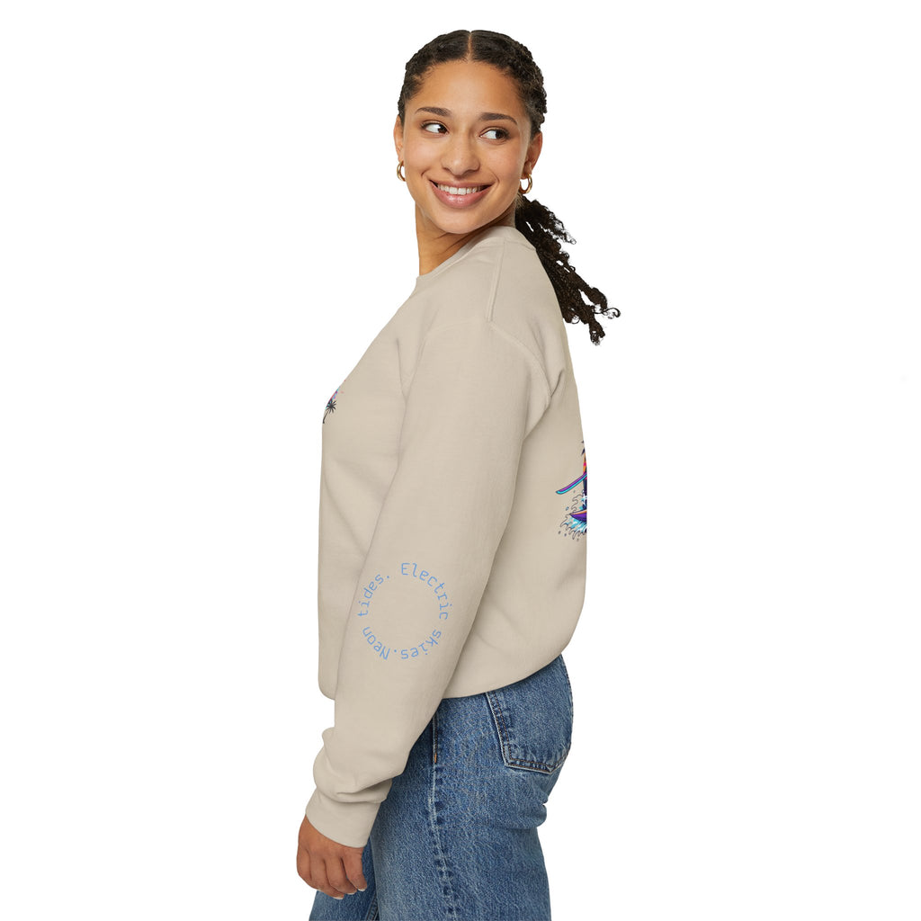 Surf Samurai Crewneck Sweatshirt — Retro Neon Sunset Wave Design