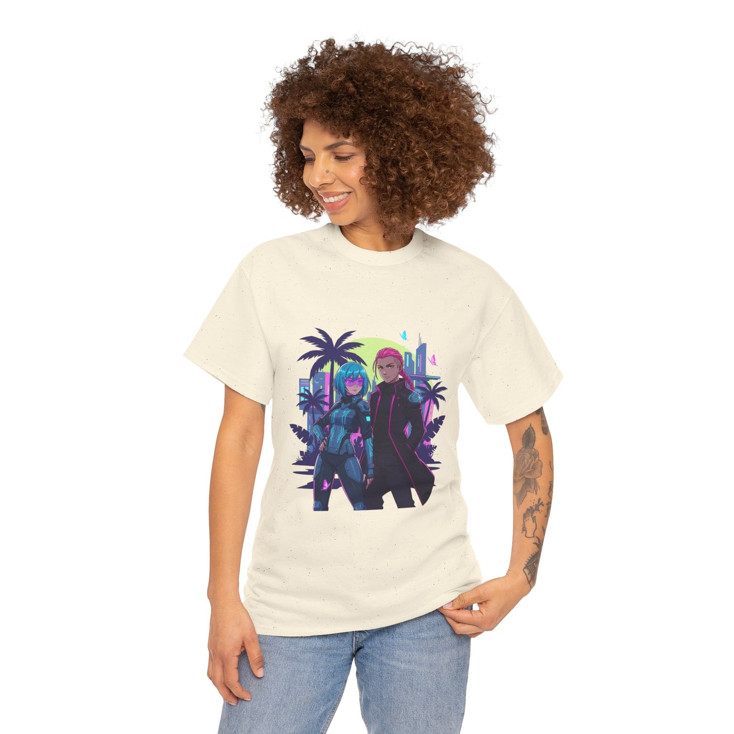 Cyberpunk Tropical Duo Tee — Neon Futuristic Beach Graphic T-Shirt