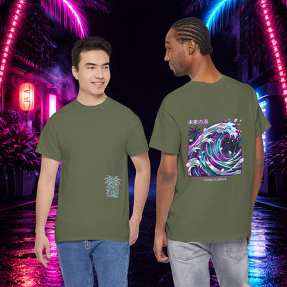 Vaporwave Japanese Surf T-Shirt — "未来の海" Retro Neon Aesthetic