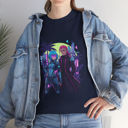 Cyberpunk Tropical Duo Tee — Neon Futuristic Beach Graphic T-Shirt