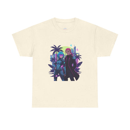 Cyberpunk Tropical Duo Tee — Neon Futuristic Beach Graphic T-Shirt