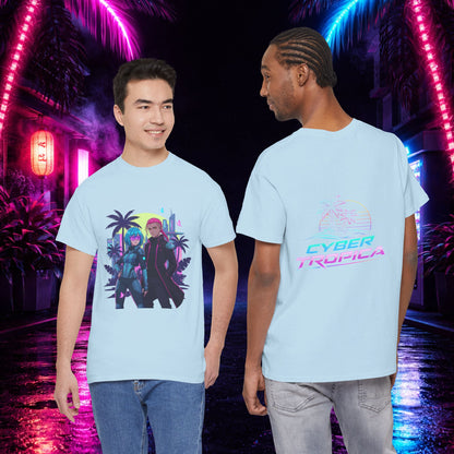 Cyberpunk Tropical Duo Tee — Neon Futuristic Beach Graphic T-Shirt