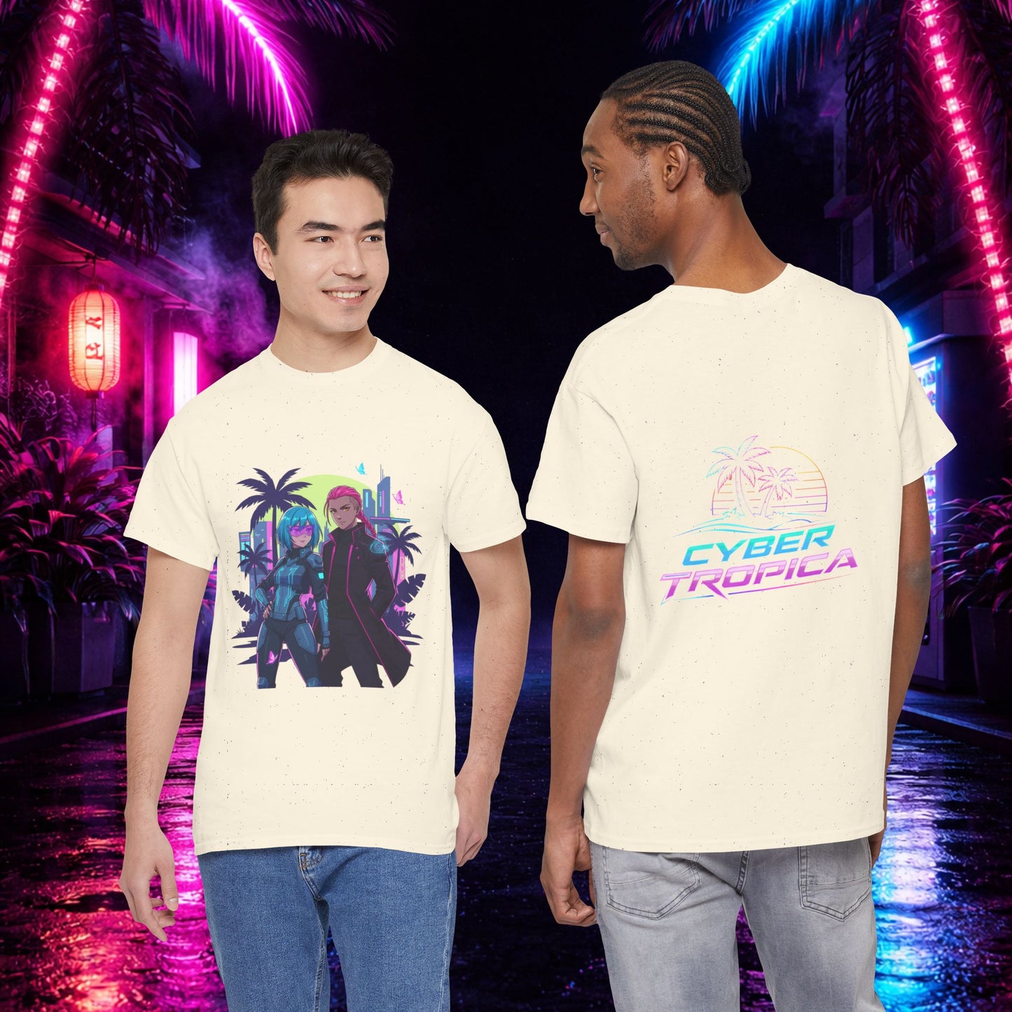 Cyberpunk Tropical Duo Tee — Neon Futuristic Beach Graphic T-Shirt