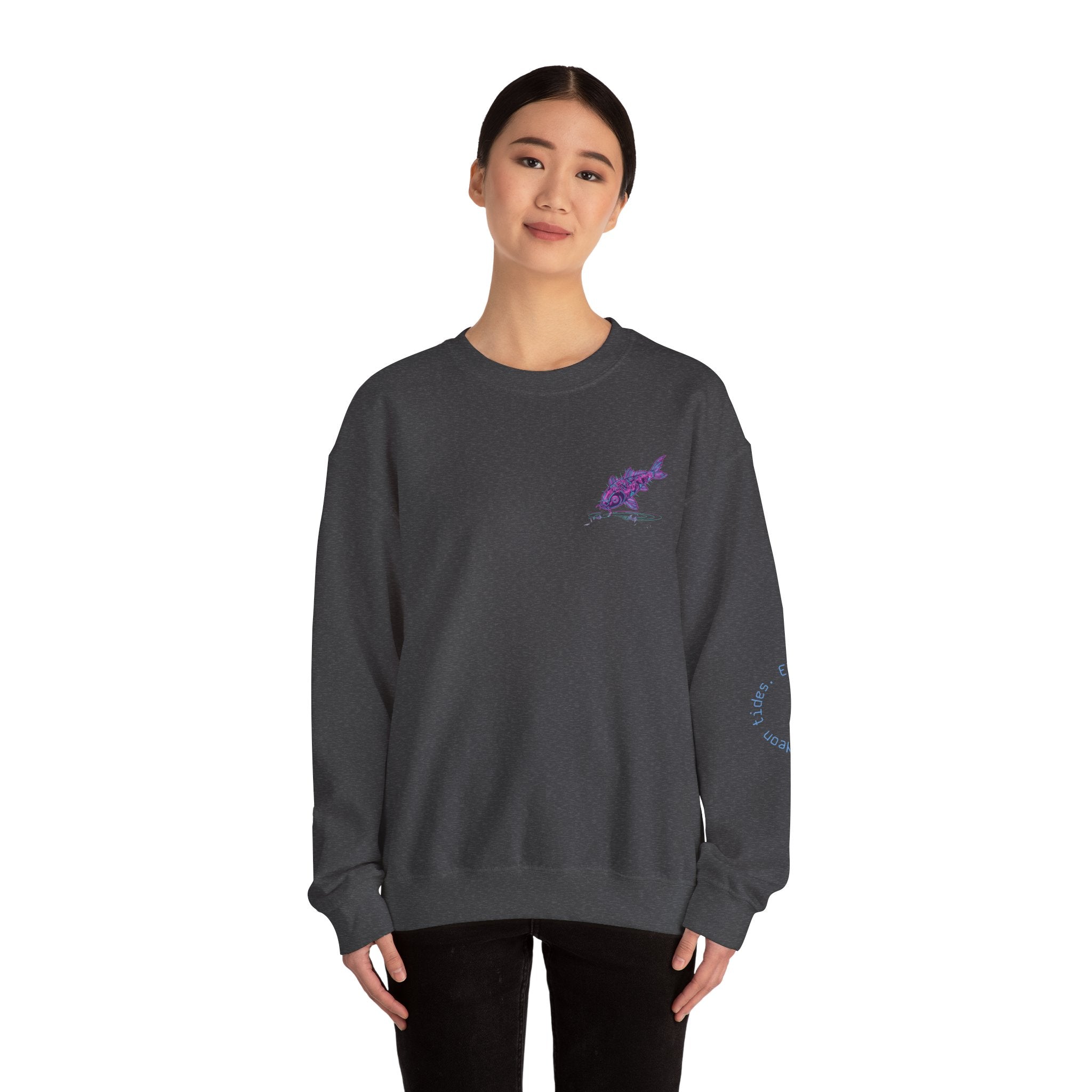 Crewneck Sweatshirt — Pastel Japanese Text Repeat & Purple Fish Graphic