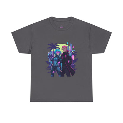 Cyberpunk Tropical Duo Tee — Neon Futuristic Beach Graphic T-Shirt