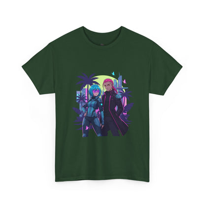 Cyberpunk Tropical Duo Tee — Neon Futuristic Beach Graphic T-Shirt