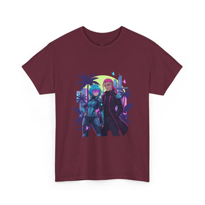 Cyberpunk Tropical Duo Tee — Neon Futuristic Beach Graphic T-Shirt